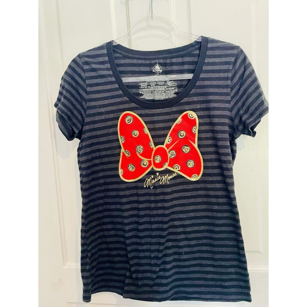 Disney Womens Minnie Mouse T Shirt M Black Red Stripe Short Sleeve - Picture 1 of 5
